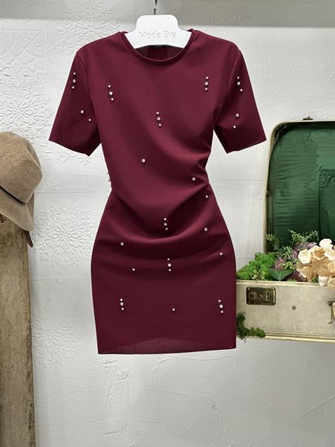 Örme Crep Kumaş Taş Detaylı Bordo Elbise