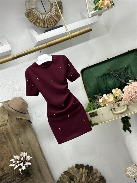 Örme Crep Kumaş Taş Detaylı Bordo Elbise