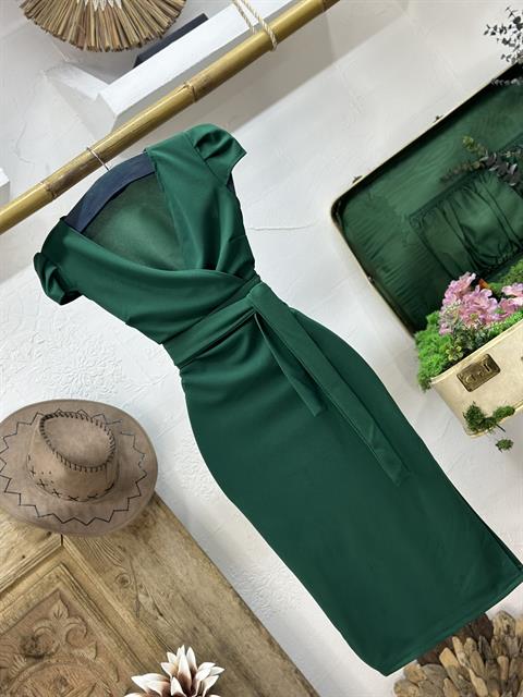 Örme Crep Kumaş Yan Yırtmaçlı Kuşaklı Kalem Elbise