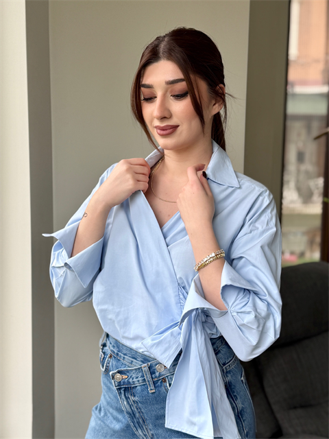 Poplin Kumaş Bağlama Detay Gömlek Bebe Mavisi