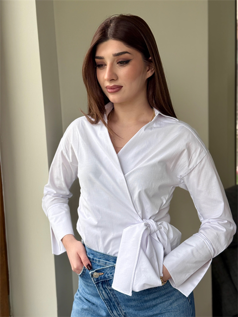 Poplin Kumaş Bağlama Detay Gömlek Beyaz
