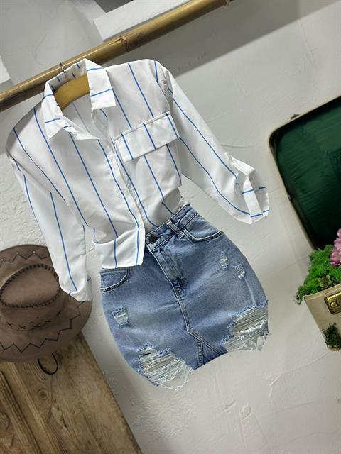Poplin Kumaş Çizgi Desen Süs Cepli Gömlek