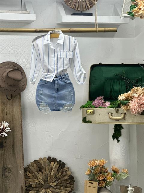 Poplin Kumaş Çizgi Desen Süs Cepli Gömlek