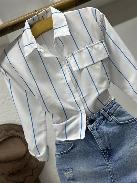 Poplin Kumaş Çizgi Desen Süs Cepli Gömlek