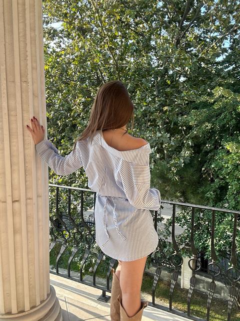Poplin Kumaş Çizgi Desen Tasarım Gömlek Mavi