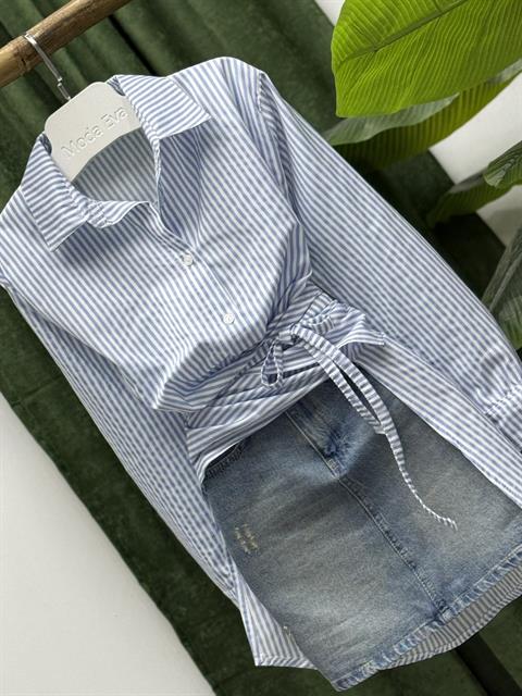 Poplin Kumaş Çizgi Desen Tasarım Gömlek Mavi