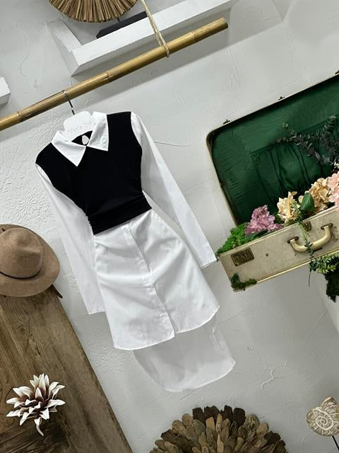 Poplin Kumaş Triko Detaylı Gömlek Elbise