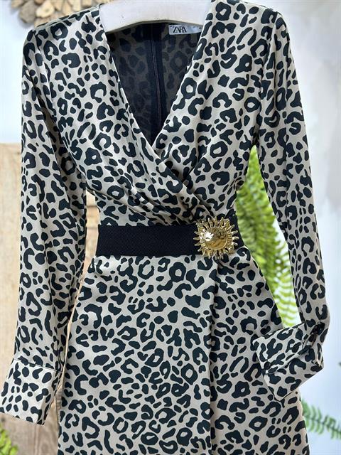 Saten Kumaş Leopar Desen Kruvaze Model Astarlı Midi Boy Elbise