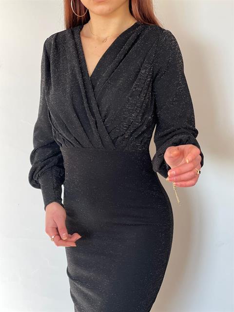 Simli Likralı Crep kumaş Kruvaze yaka Uzun Kalem Elbisemiz