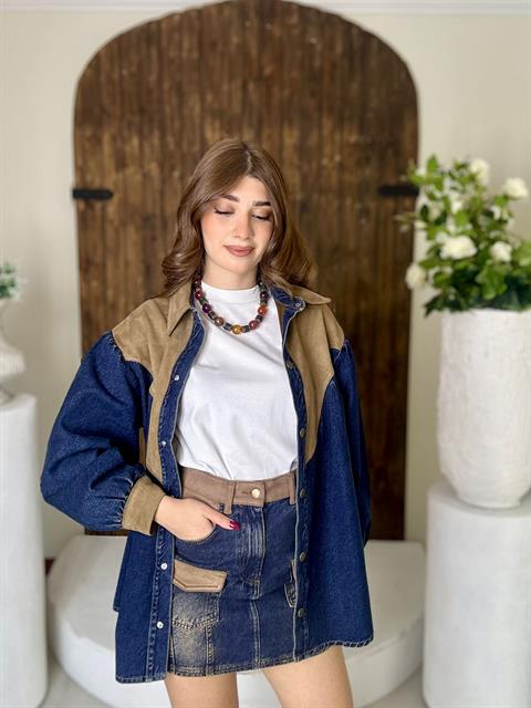 Süet Detay Oversize Jean Gömlek