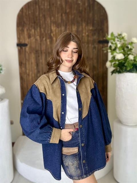 Süet Detay Oversize Jean Gömlek