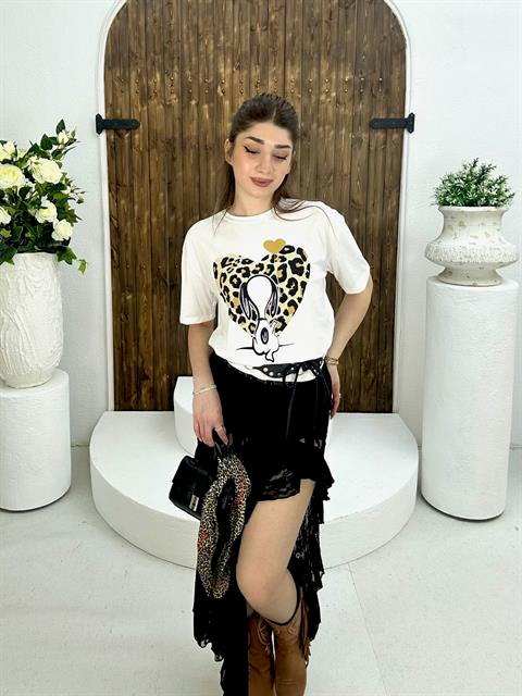 Süprem Penye Kumaş Leopar Desen Kalp Baskılı Oversize Kalıp T-shirt