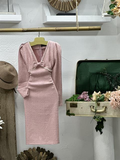Tuvit Kumaş İnci Detay Tasarım Kalem Pudra Elbise