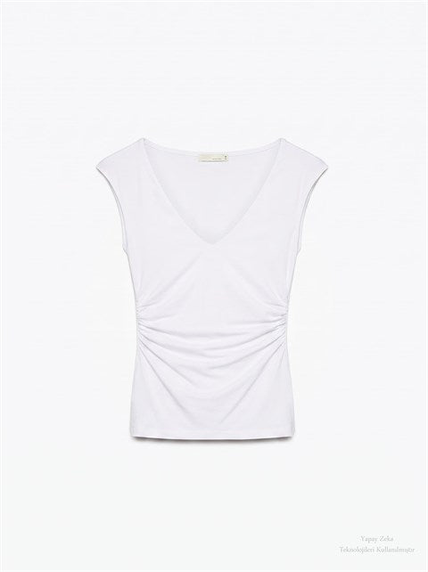 V Yaka Drape Detaylı Bluz Beyaz