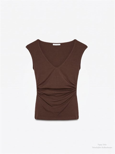 V Yaka Drape Detaylı Bluz Kahverengi