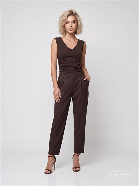 V Yaka Drape Detaylı Bluz Kahverengi