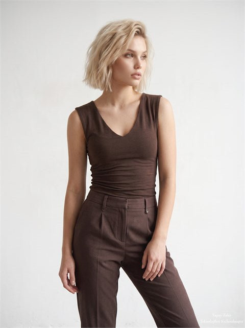 V Yaka Drape Detaylı Bluz Kahverengi