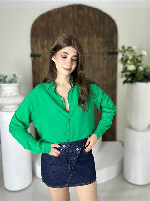 Viskon Kumaş Oversize Basic Gömlek Yeşil