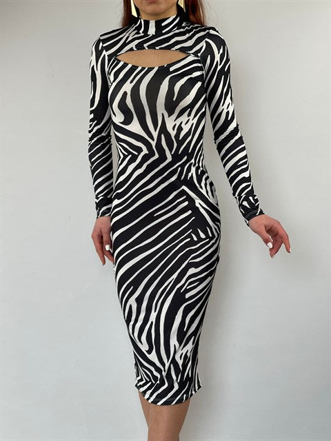 Zebra Desen Pencere Detay Uzun Elbise